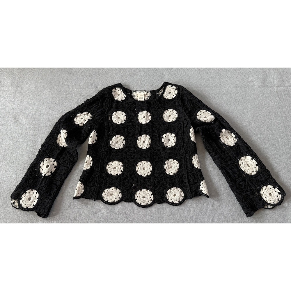 Granny Square B&W Crochet Knit Top S Cottagecore Boho Patchwork Fairy Festival